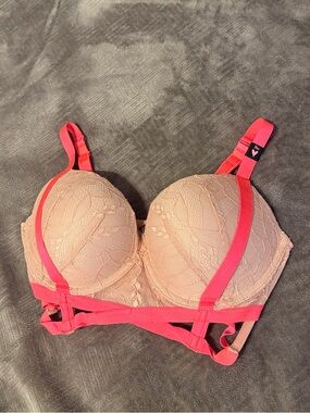 Lace Push-Up Bra with Contrast Straps - Pink/Nude